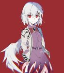  1girl braid cccc20050819 closed_mouth dress feathered_wings grey_hair grey_jacket hair_between_eyes hands_in_pockets highres jacket kishin_sagume long_sleeves open_clothes open_jacket purple_belt purple_dress red_background red_eyes short_hair simple_background single_wing solo touhou white_wrist_cuffs wings 