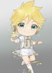  1boy :&gt; artist_name blonde_hair chibi closed_mouth en_pointe full_body gradient gradient_background gramophone_len green_eyes grey_background hands_up headset kagamine_len kikuchi_mataha kneehighs leg_up looking_at_viewer low_ponytail medium_hair miku_symphony_(vocaloid) see-through shirt short_ponytail shorts signature simple_background single_kneehigh single_sock smile socks solo standing standing_on_one_leg thigh_strap vocaloid white_shirt white_shorts 