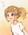  1girl :3 bangs blush brown_eyes brown_hair child enuma_(uma-festival) eyelashes female_child flat_chest gradient gradient_background hair_ornament idolmaster idolmaster_cinderella_girls looking_away moroboshi_kirari open_mouth orange_background scrunchie shirt short_hair short_sleeves short_twintails sidelocks smile solo star_(symbol) star_hair_ornament t-shirt twintails upper_body wavy_hair white_shirt yellow_scrunchie 