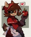  1girl :3 :d animal_ears apple apple_(sui_(suizilla)) apron brown_gloves capelet deer_ears deer_tail dress ears_through_headwear eyepatch food food_bite from_side fruit gloves heart holding holding_food holding_fruit hood hood_up hooded_capelet little_red_riding_hood little_red_riding_hood_(grimm) looking_at_viewer looking_to_the_side one_eye_covered open_mouth original red_apple red_dress signature smile solo spoken_heart sui_(suizilla) tail waist_apron white_apron 