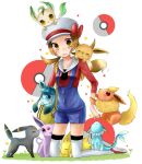  1girl blue_overalls bow brown_eyes brown_hair cabbie_hat d: eevee espeon flareon glaceon grass hat hat_bow highres iroen jolteon leafeon long_hair lyra_(pokemon) overalls poke_ball pokemon pokemon_(game) pokemon_hgss red_bow red_footwear red_shirt shirt shoes thigh-highs transparent_background twintails umbreon vaporeon white_headwear yellow_bag 