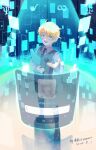  1boy 2020 :d bangs black_necktie black_shorts blonde_hair blood blue_eyes clipboard collared_shirt davis_(tears_of_themis) full_body grey_vest holding holding_clipboard holographic_interface kenkako long_sleeves looking_at_viewer male_focus necktie open_mouth shirt short_hair shorts signature smile solo standing tears_of_themis vest white_shirt 