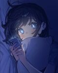  1girl black_hair blue_eyes blush cellphone commentary dark glowing glowing_eyes highres holding holding_phone lying object_hug on_side original phone pillow pillow_hug sakura_yuki_(clochette) shirt short_sleeves smartphone solo symbol-only_commentary upper_body 