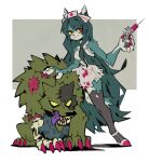  1girl :3 bare_arms bare_shoulders brown_thighhighs closed_mouth colored_sclera colored_skin dress furry furry_female green_hair green_skin hat high_heels highres holding holding_syringe long_hair looking_at_viewer multicolored_skin nurse nurse_cap original red_eyes shoes short_dress smile solo sui_(suizilla) syringe thigh-highs torn_thighhighs two-tone_skin very_long_hair white_dress white_footwear white_skin wolf yellow_sclera zombie 