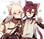  2boys absurdres aiguillette animal_ear_fluff animal_ears antenna_hair armor bandaged_hand bandages bangs black_gloves brown_hair cat_boy cat_ears cat_tail commentary crossed_bangs fangs fingerless_gloves genshin_impact gloves green_eyes hair_between_eyes highres japanese_armor japanese_clothes kaedehara_kazuha kote kurokote looking_at_viewer low_ponytail male_focus medium_hair mole mole_under_eye multicolored_hair multiple_boys multiple_moles paw_pose paw_print red_eyes redhead ryu_genshin77 shikanoin_heizou short_ponytail side_cutout sidelocks smile streaked_hair symbol-only_commentary tail white_hair 