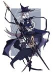  1girl arknights ascot bangs black_footwear blue_gloves blue_headwear boots cape cinmocrd commentary full_body gladiia_(arknights) gloves grey_hair hat highres holding holding_polearm holding_weapon long_hair looking_to_the_side pointy_ears polearm ponytail red_eyes solo thigh_boots weapon 
