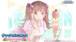  1girl apron bangs brown_eyes brown_hair commentary_request food hair_ribbon highres ice_cream idolmaster idolmaster_shiny_colors long_hair looking_at_viewer official_art pink_ribbon pink_shirt pink_skirt puffy_short_sleeves puffy_sleeves restaurant ribbon shirt short_sleeves skirt solo sonoda_chiyoko spoon twintails waitress watercolor_effect white_apron 