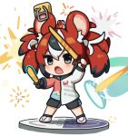  1girl alternate_costume animal_ears black_hair casual chibi dual_wielding gloves hakos_baelz highres holding hololive hololive_english jacket mouse_ears mouse_girl mouse_tail mousetrap mr._squeaks_(hakos_baelz) multicolored_hair nintendo_switch_sports redhead shoes shorts single_glove sneakers snowmya sparks streaked_hair sword tail track_jacket twintails virtual_youtuber weapon white_hair wooden_sword 