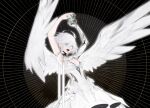  1girl absurdres ahoge angel_wings black_background blue_eyes breasts chaomian_buyao_mian crystal dress eyes_visible_through_hair fangs feathered_wings heterochromia highres looking_at_viewer open_mouth original prosthesis prosthetic_arm short_hair small_breasts solo white_dress white_eyes white_hair wings 