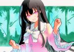  1girl bangs black_hair blunt_bangs collared_shirt highres hime_cut houraisan_kaguya japanese_clothes long_hair long_sleeves pink_eyes pink_shirt qqqrinkappp shirt sleeves_past_wrists solo touhou traditional_media very_long_hair wide_sleeves 