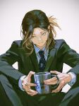  1boy black_hair brown_hair character_request cup formal glasses highres huangdanlan mug solo suit tokyo_revengers 