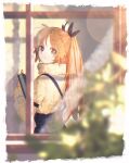  1girl arknights armband bangs blurry blurry_foreground book closed_mouth hand_up highres holding holding_book lens_flare long_hair long_sleeves looking_at_viewer looking_back mole mole_under_eye niwatori_(akira_207) orange_hair parted_bangs pinecone_(arknights) ponytail smile solo suspenders sweater turtleneck turtleneck_sweater upper_body window 