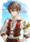  1boy arm_ribbon arm_scarf artist_name bangs blue_eyes blue_sky brown_hair brown_vest clouds collarbone collared_shirt commentary_request cross-laced_clothes cross-laced_shirt dangle_earrings day earrings gold_trim gran_(granblue_fantasy) granblue_fantasy green_ribbon hair_between_eyes hands_on_hips hands_up jewelry lapels long_sleeves looking_at_viewer makura_wet male_focus necklace parted_lips puffy_long_sleeves puffy_sleeves ribbon shirt short_hair signature sky solo standing vest white_shirt 