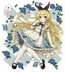  1girl alice_(alice_in_wonderland) alice_in_wonderland blonde_hair blue_dress blue_eyes blue_flower blue_rose bow_hairband dress flower full_body hairband headband highres long_hair looking_at_viewer mary_janes pantyhose pinafore_dress rii_(pixiv11152329) rose shoes solo white_background white_pantyhose 