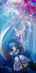  1girl armor blue_cape blue_hair blue_skirt breastplate bubble cape gloves h11_n2 highres looking_at_viewer mahou_shoujo_madoka_magica miki_sayaka miniskirt pleated_skirt short_hair shoulder_armor skirt solo thigh-highs underwater white_gloves white_thighhighs zettai_ryouiki 