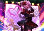  2girls bangs black_gloves breasts collar fingerless_gloves frills gloves hair_ornament hair_ribbon heart holding holding_microphone idol idol_clothes long_hair looking_at_viewer masiro microphone multiple_girls music open_mouth overlord_(maruyama) pink_hair red_eyes red_ribbon red_skirt ribbon shalltear_bloodfallen sharp_teeth short_sleeves singing skirt smile solo_focus stage stage_lights star_(symbol) teeth thigh-highs twintails upper_teeth 