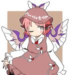  1girl animal_ears bird_ears bird_wings blush brown_dress brown_headwear closed_mouth dress fingernails frilled_dress frilled_sleeves frills grey_eyes hat ini_(inunabe00) long_fingernails long_sleeves mystia_lorelei nail_polish one_eye_closed pink_hair red_nails sharp_fingernails short_hair solo touhou upper_body white_wings winged_hat wings 
