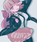  1girl animal_bag backpack bag bangs black_shirt blunt_bangs blush breasts brown_hair brown_skirt cat_bag collared_shirt danganronpa_(series) danganronpa_2:_goodbye_despair dress_shirt drooling green_jacket green_thighhighs grey_background grey_shirt hand_up highres jacket large_breasts long_sleeves looking_at_viewer miniskirt nanami_chiaki neck_ribbon one_eye_closed open_clothes open_jacket open_mouth pink_bag pink_ribbon pisapipi pleated_skirt ribbon shiny shiny_hair shirt shirt_tucked_in simple_background skirt sleepy solo thigh-highs two-tone_shirt 