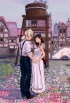  apron blonde_hair brown_hair cloud_strife couple dress final_fantasy final_fantasy_vii flower hetero highres holding_hands hugo_artist if_they_mated long_hair low-tied_long_hair outdoors pants pregnant red_eyes redhead smile tifa_lockhart town 