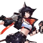  1girl absurdres animal_ears bangs belt black_eyes black_gloves black_hair black_jacket breasts choker eyelashes gloves highres holding holding_weapon jacket original short_hair shorts small_breasts solo thigh_strap weapon youngmoon_99 