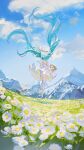  1girl absurdly_long_hair absurdres aqua_hair basket blue_sky blurry clouds cloudy_sky daisy day depth_of_field dress field floating_hair flower flower_field footwear_ribbon frilled_dress frills from_behind grass hat hat_removed hat_ribbon hatsune_miku headwear_removed highres holding holding_basket jumping long_hair mountain outdoors picnic_basket platform_footwear ribbon rumoon sky solo sun_hat sundress thigh-highs twintails very_long_hair vocaloid white_dress white_flower white_footwear white_headwear white_thighhighs wind 
