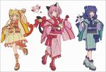  3girls adapted_costume aizawa_mint animal_ears bell blonde_hair blue_bow blue_eyes blue_gloves blue_hair boots bow braid cat_ears cat_tail cross-laced_footwear double_bun fong_pudding gloves hair_bun hakusai_(tiahszld) highres holding holding_weapon japanese_clothes jingle_bell kimono lace-up_boots masha_(tokyo_mew_mew) medium_hair mew_ichigo mew_mint mew_pudding momomiya_ichigo monkey_ears monkey_girl monkey_tail multiple_girls obi orange_bow pink_bow pink_eyes pink_hair red_gloves sash short_hair tail tail_bell tail_bow tail_ornament tokyo_mew_mew weapon yellow_eyes 