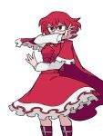  1girl angry bangs boots bow cape covering_mouth eddybird55555 highres okazaki_yumemi red_bow red_cape red_eyes red_vest redhead shirt short_hair skirt touhou touhou_(pc-98) vanripper_(style) vest white_shirt 