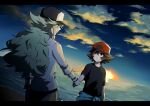  2boys bangs baseball_cap black_headwear black_shirt brown_eyes brown_hair brown_pants closed_mouth clouds commentary_request green_hair hat highres hilbert_(pokemon) holding_hands letterboxed long_hair male_focus multiple_boys n_(pokemon) outdoors pants pokemon pokemon_(game) pokemon_bw red_headwear shirt short_hair short_sleeves sky sunset t-shirt tarai_(yamadarairai) white_shirt wristband 