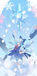  2girls arm_up back_bow bangs barefoot blue_bow blue_dress blue_eyes blue_hair bow chinese_commentary cirno closed_mouth collared_shirt commentary daiyousei danmaku detached_wings dress finger_gun full_body hair_between_eyes hair_bow hand_on_hip highres ice ice_wings looking_at_viewer multiple_girls neck_ribbon puffy_short_sleeves puffy_sleeves red_ribbon ribbon satonishi shirt short_hair short_sleeves smile snowflakes spell_card touhou white_shirt wings 