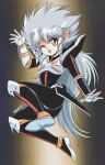  1girl absurdres armor asymmetrical_gloves black_armor black_bodysuit bodysuit brown_eyes danmakuman fingerless_gloves gloves grey_hair highres iczer-3 iczer_(series) iczer_densetsu long_hair one_eye_closed pointy_ears ringlets solo spiky_hair very_long_hair white_gloves wrist_guards 