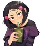  1girl black_eyes black_hair blush bob_cut cup disposable_cup drinking drinking_straw fingernails head_tilt highres layered_sleeves long_sleeves looking_at_viewer mei_(sui_(suizilla)) nail_polish original pink_nails purple_shirt shirt short_hair short_over_long_sleeves short_sleeves solo sui_(suizilla) 