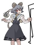 1girl :d absurdres animal_ears basket blue_capelet capelet dowsing_rod dress eddybird55555 english_commentary fur_trim grey_dress grey_hair highres jewelry long_sleeves looking_at_viewer mouse mouse_ears mouse_girl mouse_tail nazrin open_mouth pendant prehensile_tail red_eyes ringed_eyes short_hair simple_background smile solo standing tail touhou vanripper_(style) white_background