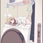 1girl 40hara animal_ears blonde_hair cat_ears cat_girl cat_tail collar commentary_request green_eyes indoors kinako_(40hara) looking_at_viewer lying on_side original shelf shirt solo tail washing_machine white_shirt white_t-shirt