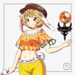  1girl animal_ears belly blonde_hair brown_headwear cabbie_hat closed_mouth commission cowboy_shot crop_top dango dress flat_cap food frilled_shorts frills hat highres lunamoon_(style) midriff navel orange_shirt orb rabbit_ears rabbit_girl rabbit_tail red_eyes remyfive ringo_(touhou) shirt short_hair short_sleeves shorts smile stomach tail touhou wagashi white_background yellow_shirt yellow_shorts 