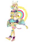  1girl absurdres azuma_kazamori blonde_hair blue_bow blue_eyes blue_hair bow braid closed_mouth colored_inner_hair gradient_hair hair_bow heart heart_hands highres kagamine_rin leg_up looking_at_viewer magical_mirai_(vocaloid) magical_mirai_rin_(2018) medium_hair multicolored_hair off_shoulder pantyhose pink_bow pink_hair puffy_shorts shorts single_leg_pantyhose single_thighhigh smile standing standing_on_one_leg thigh-highs vocaloid white_bow yellow_bow yellow_pantyhose yellow_thighhighs 