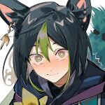  1boy animal_ear_fluff animal_ears black_hair blunt_ends blush commentary earrings flower fox_boy fox_ears fox_tail genshin_impact green_eyes green_hair green_tail hair_between_eyes highres hood hoodie jewelry looking_at_viewer male_focus multicolored_hair netsus3 short_hair simple_background single_earring solo streaked_hair symbol-only_commentary tail tail_grab tearing_up tighnari_(genshin_impact) wavy_mouth white_background yellow_flower 
