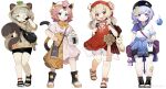  4girls :o absurdres alternate_costume animal_ear_fluff animal_ears anklet backpack bag bangs bell beret black_headwear black_shorts bloomers blunt_bangs blush boots bow bowtie brown_hair brown_hoodie cat_ears cat_girl cat_tail chinese_clothes closed_mouth clothes_around_waist cup diona_(genshin_impact) disposable_cup dodoco_(genshin_impact) dress ears_through_headwear fingerless_gloves genshin_impact gloves green_eyes grey_eyes grey_hair hair_ornament hands_on_hips hat highres holding holding_cup holding_own_tail hood hood_up hoodie jewelry jingle_bell klee_(genshin_impact) layered_dress leaf leaf_on_head long_hair looking_at_viewer menthako multiple_girls neck_ribbon ofuda open_mouth pink_dress pink_eyes pink_hair pointing purple_hair qiqi_(genshin_impact) raccoon_ears raccoon_girl raccoon_tail red_eyes red_headwear ribbon rubbing_eyes sandals sayu_(genshin_impact) see-through shirt short_hair short_sleeves shorts shoulder_bag sidelocks simple_background smile standing strapless strapless_dress tail thermos thick_eyebrows toeless_footwear toes topknot underwear weibo_username white_background 