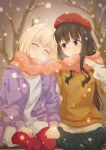  2girls absurdres black_hair blonde_hair blush closed_eyes couple hat highres holding_hands inoue_takina interlocked_fingers long_hair looking_at_another lycoris_recoil medium_hair multiple_girls nishikigi_chisato outdoors pants scarf shared_clothes shared_scarf sitting smile snowing sweater tree violet_eyes winter_clothes yu_clovers yuri 