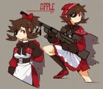  1girl apple_(sui_(suizilla)) apron bow bowtie brown_bow brown_bowtie brown_gloves brown_hair brown_socks cape character_name closed_mouth dress eyepatch gloves grey_background gun hair_bow highres holding holding_gun holding_weapon hood hood_down hooded_cape humanization long_sleeves looking_at_viewer multiple_views one_eye_covered original ponytail red_bow red_cape red_dress red_eyes red_footwear rifle shoes short_hair signature simple_background smile sniper_rifle socks sui_(suizilla) waist_apron weapon white_apron 