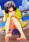  bikini blush cleavage hairband headphones kasuga_yuuno matsuo_yukihiro memories_off poolside sitting solo swimsuit tears wet yellow_bikini 