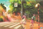 2girls clannad clannad_after_story crosswalk nishina_rie official_art paper_texture running smile street street_sign sugisaka