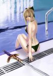  1girl absurdres aqua_eyes ass bare_back bikini blonde_hair bow breast_hold caliburn fate/stay_night fate/unlimited_codes fate_(series) hair_bow highres jiemaowanwan looking_back pool saber saber_lily side-tie_bikini sitting soaking_feet solo swimsuit swimsuit sword untied water weapon 