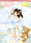  azuma_yuki brown_hair child dress flat_chest happy loli no_bra sitting smile solo strap_slip tagme undressing wedding_dress white_dress 