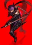  1girl ayane ayane_(doa) blood blood_on_face bodysuit dead_or_alive dual_wielding elbow_gloves gloves headband highres ninja ninja_gaiden ninjatou purple_hair red_eyes reverse_grip scarf short_hair short_sword solo sword vambraces weapon yi_dianxia 