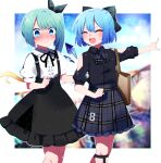  2girls absurdres alternate_costume bag black_shirt black_skirt blue_bow blue_eyes blue_hair blush bow cirno closed_eyes daiyousei detached_wings eighth_note fairy fairy_wings feet_out_of_frame flying_sweatdrops green_hair hair_between_eyes hair_bow highres ice ice_wings jirai_kei long_hair multiple_girls musical_note open_mouth plaid plaid_skirt shirt short_hair short_sleeves side_ponytail skirt smile suspender_skirt suspenders touhou white_shirt wings you_(noanoamoemoe) 