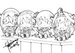  4girls bare_shoulders blush closed_mouth dated detached_sleeves glasses greyscale hair_ornament hairband hairclip haruna_(kancolle) headgear hiei_(kancolle) highres holding holding_microphone japanese_clothes kantai_collection kirishima_(kancolle) kongou_(kancolle) long_hair microphone monochrome multiple_girls nontraditional_miko open_mouth pleated_skirt ribbon-trimmed_sleeves ribbon_trim short_hair signature simple_background skirt smile white_background wide_sleeves zangaku 