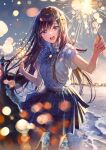  1girl :d bangs blue_skirt blurry blurry_background blush bow bowtie brown_hair collared_shirt fireworks highres holding_fireworks long_hair looking_at_viewer ocean open_mouth original outdoors outstretched_arms plaid plaid_skirt pleated_skirt sakura_(39ra) school_uniform shirt short_sleeves skirt sky smile solo sparkler spread_arms standing violet_eyes water white_shirt 