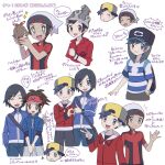  +_+ 6+boys :d arrow_(symbol) backwards_hat bangs beanie black_hair blue_jacket blush brendan_(pokemon) brown_hair buttons calem_(pokemon) character_doll closed_eyes commentary_request dated doll dynamax_band elio_(pokemon) ethan_(pokemon) facing_viewer grey_eyes grey_headwear hand_up hands_up hat heart_hands_failure highres holding holding_doll jacket may_(pokemon) multiple_boys nate_(pokemon) notice_lines open_mouth pants pokemon pokemon_(game) pokemon_bw2 pokemon_hgss pokemon_oras pokemon_sm pokemon_swsh pokemon_xy red_headwear red_jacket red_shirt sana_(37pisana) shirt short_hair short_sleeves smile sparkle speech_bubble squiggle t-shirt thought_bubble tongue translation_request v victor_(pokemon) visor_cap zipper_pull_tab 