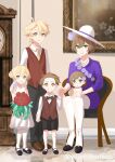  2boys 3girls aether_(genshin_impact) aged_up blonde_hair bouquet bracelet brown_hair clock flower genshin_impact grandfather_clock green_eyes hat highres holding holding_bouquet holding_hands jewelry lisa_(genshin_impact) loafers looking_at_viewer mary_janes multiple_boys multiple_girls necklace painting_(object) photo_(medium) ponytail shoes sitting sleeveless sleeveless_jacket smile thigh-highs twitter_username yellow_eyes yuushiba 