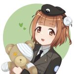  1girl bandages beatrice_(princess_principal) brown_eyes brown_hair cosplay dddomatesu double_bun girls_und_panzer hair_bun hat highres military military_hat military_uniform necktie princess_principal short_hair stuffed_animal stuffed_toy teddy_bear uniform 